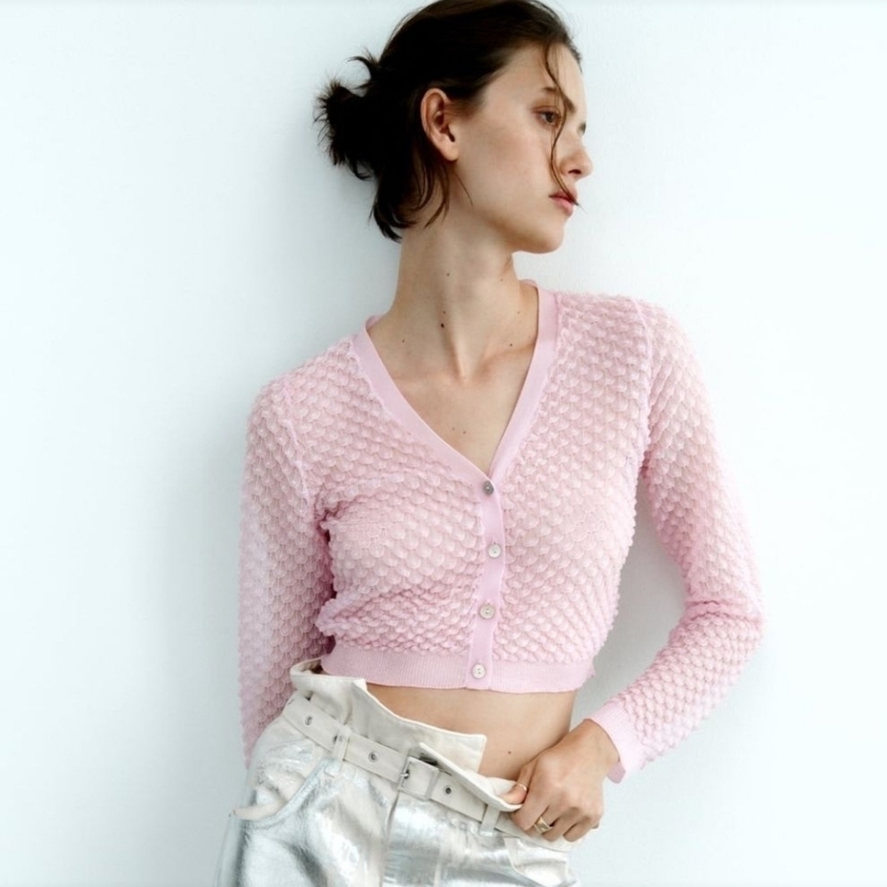 ZARA TEXTURED KNIT SEMI-SHEER CARDIGAN Size M